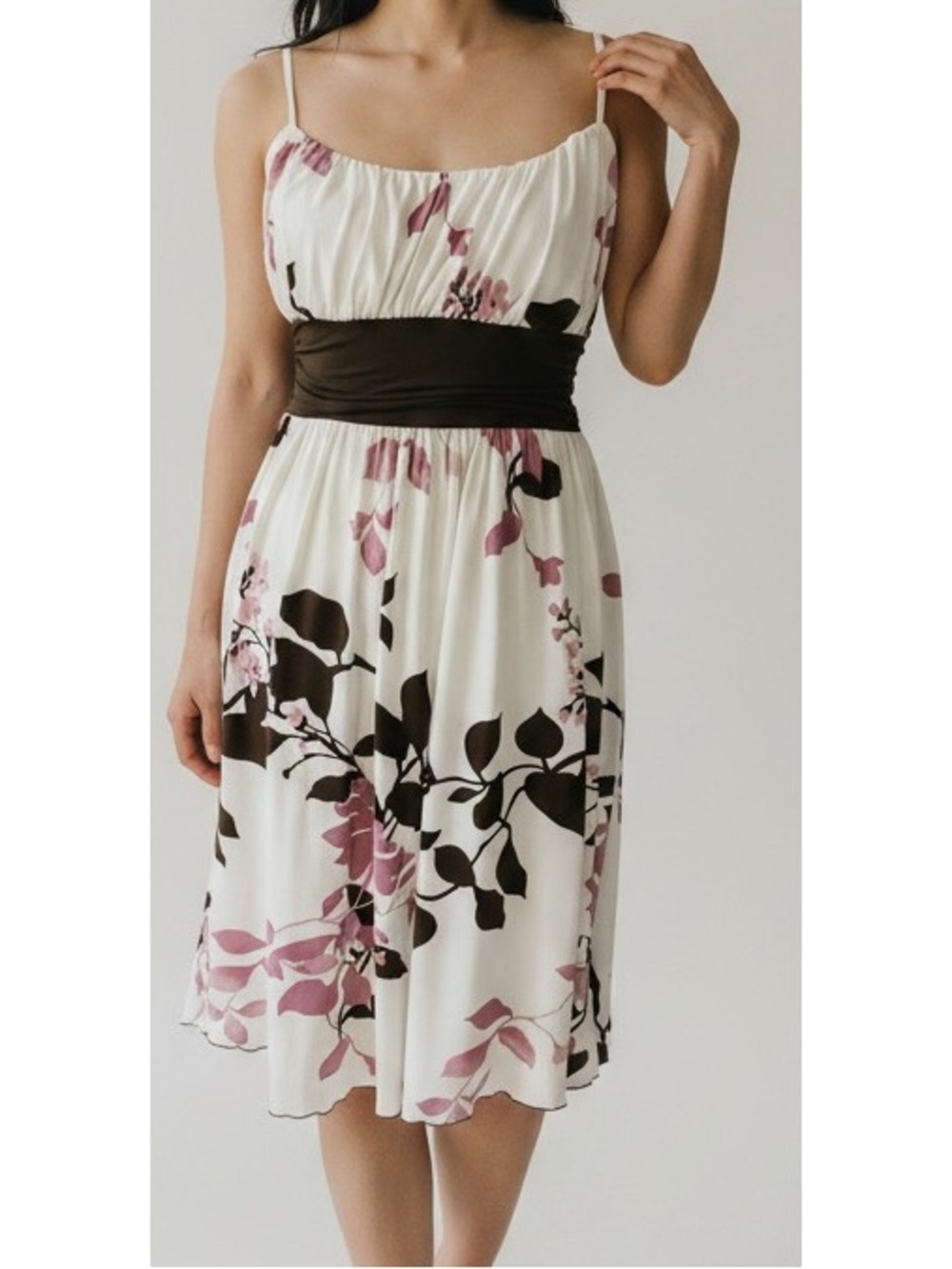 Speechless Medium White Pink brown Floral Print Y2K Banded Waist Dress